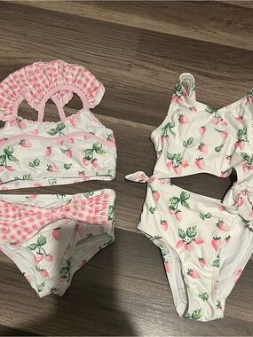 SweetHoney White and Pink Strawberry Print Kids Swim Bikinis